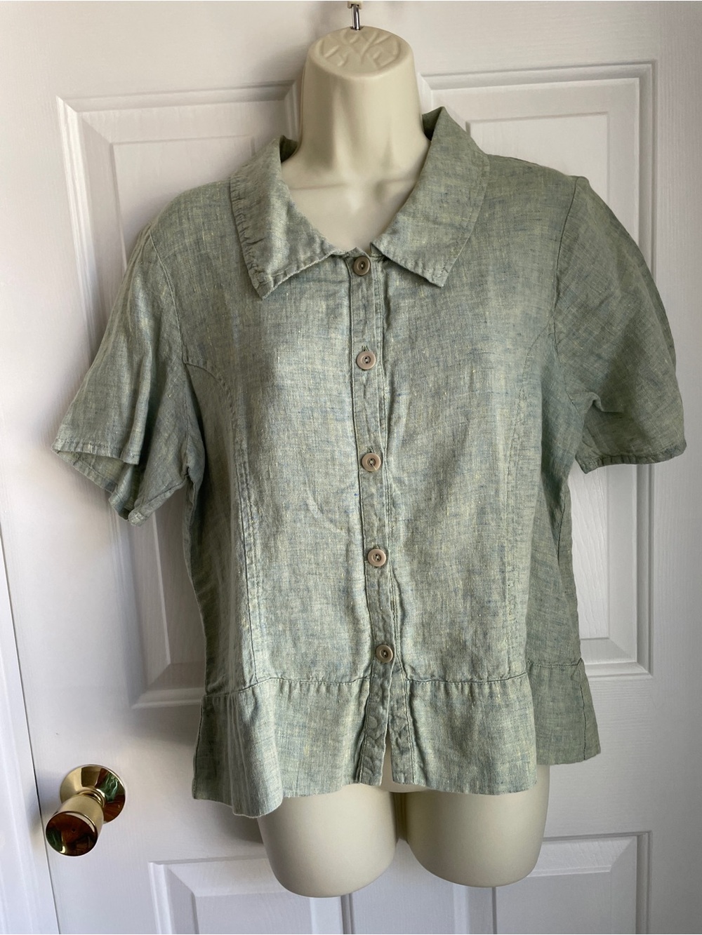 Flax Blouse size S 100% Linen Green Button Down Front Short Sleeves European